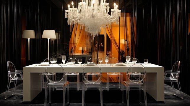 A philippe starck Inspired Dining room interior with glass chairs. Luxury style, Generative AI