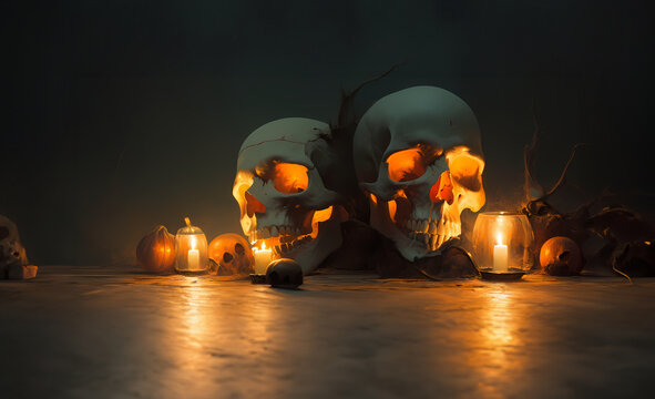 Halloween skulls on table with candles