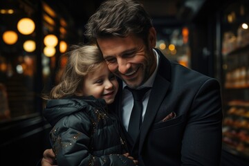 A business man hugs a child