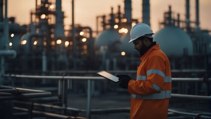 engineers in uniform walk and holding tablet checking in oil refinery field in morning
