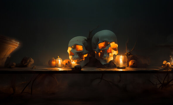 Halloween skulls on table with candles