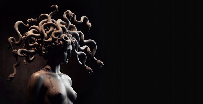 Medusa Statuesque Transformation. stone statue. Sake, serpent, crown head. Greek mythology. Medusa goddess. 