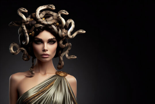 Medusa vs. Perseus: Epic Clash. Pretty intense gaze of Greek Mythology goddess queen Medusa and her snake head.