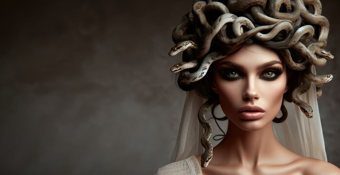 Greek Mythology: Medusa Portrait. Pretty intense gaze of Greek Mythology goddess queen Medusa and her snake head.