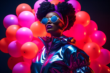 African woman in neon costume with colorful balloons, in the style of futuristic pop, luminous...