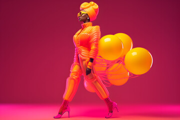 African woman in neon costume with colorful balloons, in the style of futuristic pop, luminous color palette