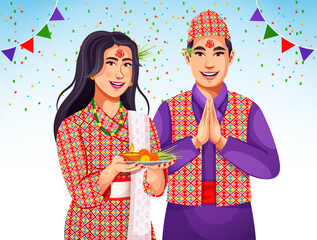 Dashain: Popular Festival in Nepal celebration stock vector illustration. Woman hold Tika and Jamara Plate for the Dashain Festival