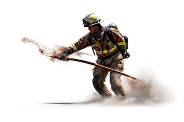 Uniformed Rescuer with Fire Hose on isolated background