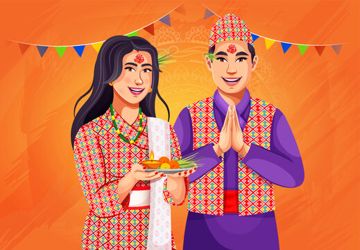 illustration of a Nepali couple in ethnic cloth celebrating Dashain-  Popular Festival in Nepal. Banner design template