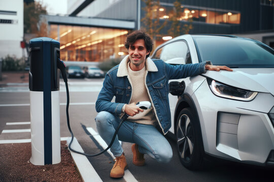 jeune homme en train de brancher sa voitures électrique à une borne de recharge pour sa batterie sur un parking