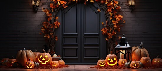 Halloween ready entrance with festive decorations and pumpkins With copyspace for text - obrazy, fototapety, plakaty