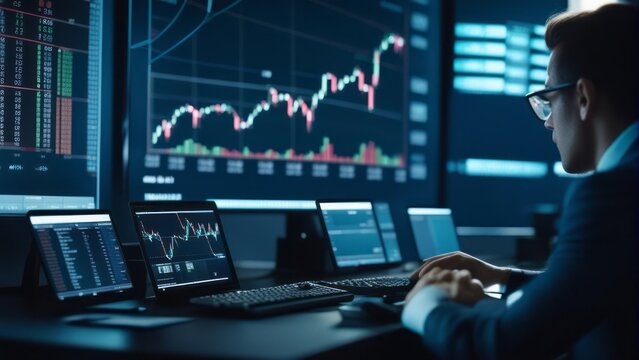 Finance trade manager analyzing stock market indicators for best investment strategy, financial data