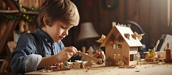 Boy drawing and building bird house in craft workshop With copyspace for text