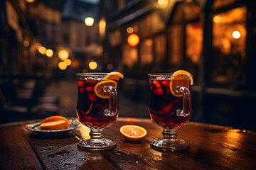 Two glasses of mulled wine with orange slices in a glass