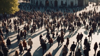 From highly above large crowd of people walking in sunny city square - obrazy, fototapety, plakaty