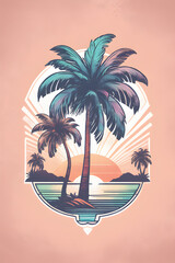 Tropical island with palm trees, retro cartoon logo design. Generative AI