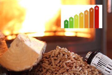 Energy label and fireplace with pellets