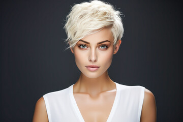 Confident platinum blonde woman in white one-shoulder top.