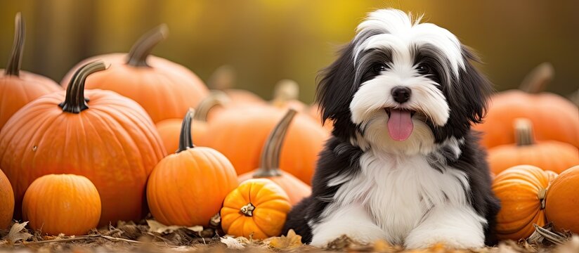 Happy Havanese dog in a pumpkin patch black and white coat fluffy and adorable