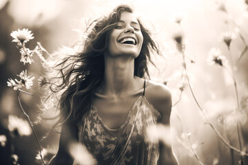 Joyful woman in a blooming flower field.