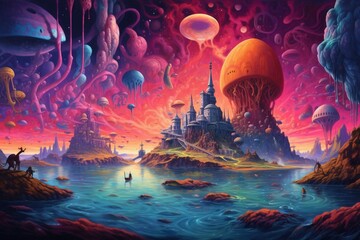 Vibrant artwork portraying surreal cosmic exploration. Generative AI
