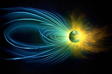 Earth's magnetic field deflects solar wind and radiation, forming a magnetosphere. Image elements by NASA. Generative AI