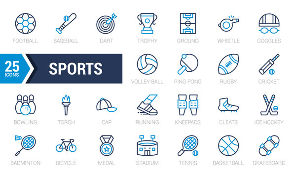 Set of sport equipment icons. Two Color icons pack. Vector illustration.
