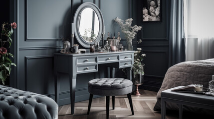 Bedroom with grey walls and a dressing table.