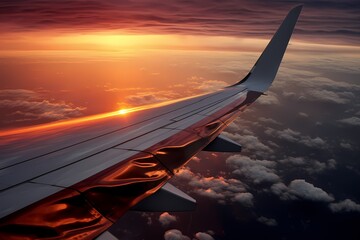 Wing of an airplane flying above the clouds at sunset