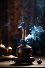 incense sticks with smoke on a black background