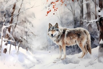 Fototapeta premium Painting of a wolf in winter forest. Watercolor illustration