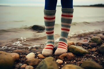 Legs of a girl in striped socks on the seashore