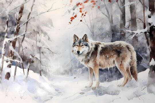 Painting of a wolf in winter forest. Watercolor illustration