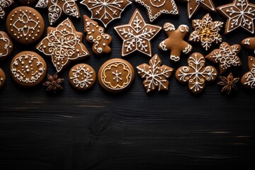 Obraz na płótnie Canvas Christmas gingerbread cookies on a black background, with copy space for text