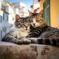 streets two cute cats cuddling in city 