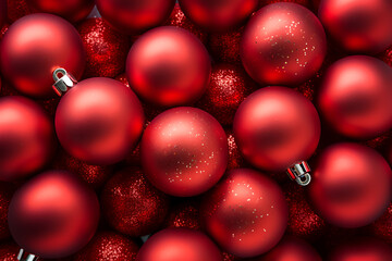 Red Christmas baubles decoration on red background with copy space. New Year greeting card. Minimal style. Flat lay