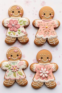 Gingerbread girls in cookies pastel dresses group of four