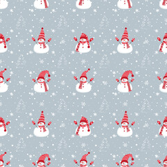 Christmas background. Seamless winter pattern with cute snowmen, fir trees and snowflakes. Vector illustration on gray background