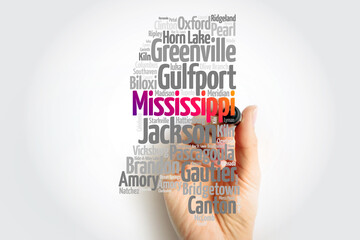 List of cities in Mississippi USA state, map silhouette word cloud map concept