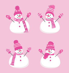 Set of cute snowmen. Four different snowmen in beautiful winter pink clothes. Can be used as a template for a greeting card.  Vector illustration