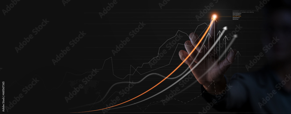 Poster businessman analyzing company financial balance sheet working with digital virtual graphics ghaph ch