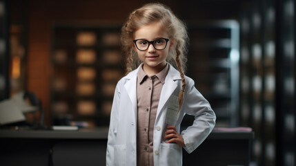 Fototapeta premium A little girl in a white coat plays doctor. The concept of a child in an adult profession.