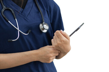 female doctor in dark blue uniform holds clipboard with the patient's information in her hand and the female doctor also has stethoscope around her neck in preparation for medical examination.