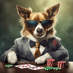 Perro con traje y gafas de sol jugando al póker