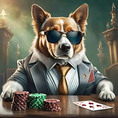Perro con traje y gafas de sol jugando al póker