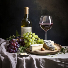 Still life with a glass of wine, a bunch of grapes and a cheese plate on the table