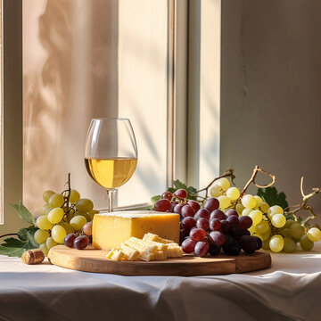 Still life with a glass of wine, a bunch of grapes and a cheese plate on the table