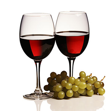 Two glasses with red wine and a bunch of grapes on a white background