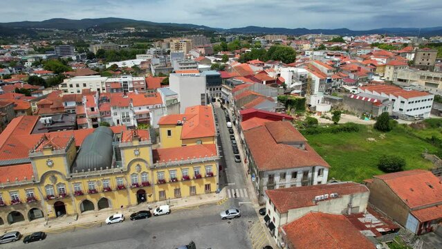 Epic Aerial view of Barcelos City Hall and the downtown, district of Braga, Portugal.