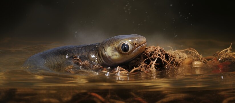Sea lamprey nesting and laying eggs in river With copyspace for text